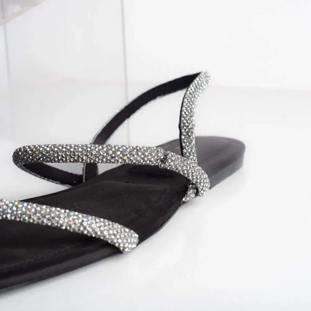 Zara Womens Black Strappy Rhinestone Slingback Flat Sandals Sz US 7.5 EU 38 - Picture 5 of 10
